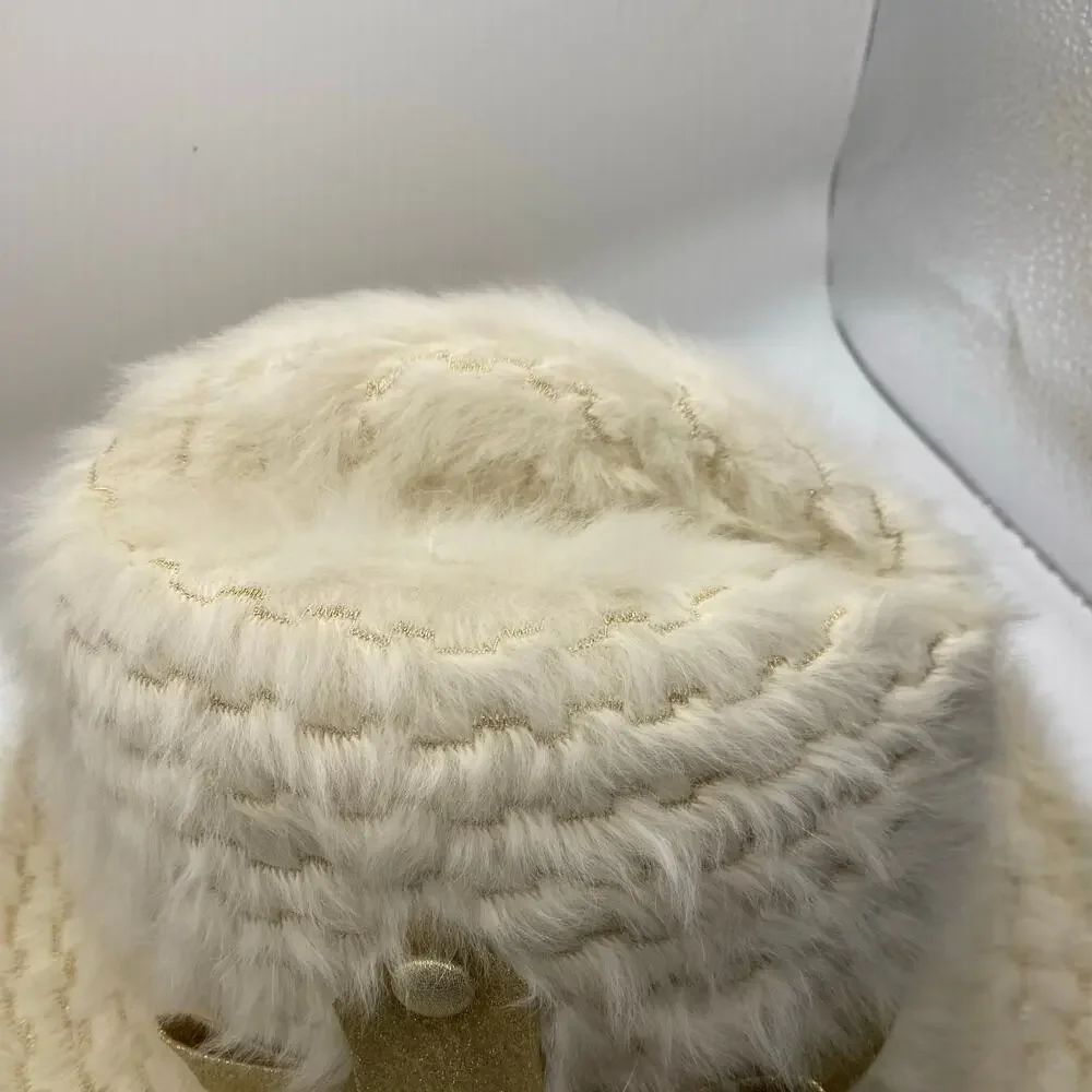 Vintage Sue Lee by Irving Faux Fur Hat Gold Bow Made in France 1960s Glam